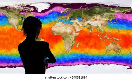 Woman Watching Earth Global Warming Simulation 3D Illustration