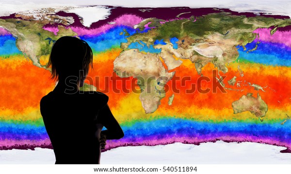 地球温暖化シミュレーションを見ている女性3dイラスト のイラスト素材