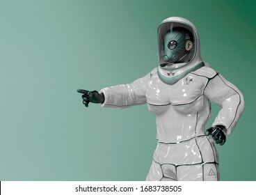 woman wearing a biohazard suit is pointing the way out, 3d illustration