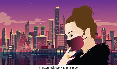 Woman wearing face mask in big city to prevent COVID-19 - Powered by Shutterstock