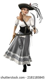 Woman Wears Vintage Pirate Costume With Gun And Swords, 3D Illustration.