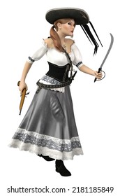 Woman Wears Vintage Pirate Costume With Gun And Swords, 3D Illustration.