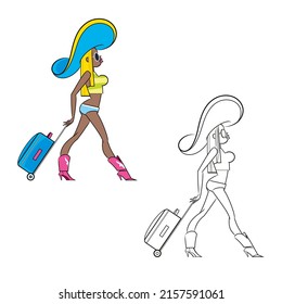 The woman went on vacation. Image of a traveling young beautiful woman on vacation. Suitcase, blue hat, pink cowboy boots and sunglasses are a sexy look.