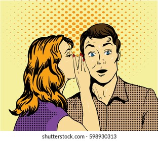 Woman Whispering To A Man On His Ear, Man With Surprised Emotions , Pop Art Retro Comic Style Illustration