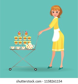 Woman in white apron serves cookies on trolley, girl waiter with dessert tray and service tea kettle, cups in yellow dress, isolated on background, illustration - Powered by Shutterstock