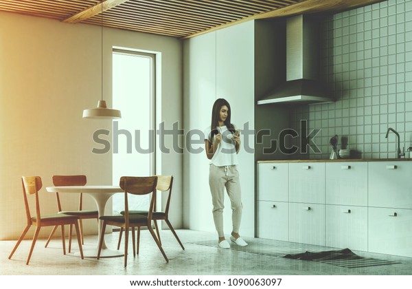 Woman White Kitchen White Countertops Table Stock Illustration