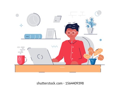 Woman working at computer illustration. Worker in glasses sitting at workplace and typing on laptop flat style concept. Office interior isolated on white - Powered by Shutterstock