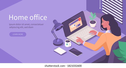 
Woman Working At Home Office. Character Sitting At Desk In Room, Looking At Computer Screen And Talking With Colleagues Online. Home Office Concept.  Flat Isometric Illustration.