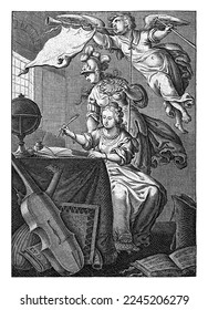 Woman writes at table which globe is written  Minerva looks over her shoulder   holds laurel wreath  The foot the seated lady rests turtle 