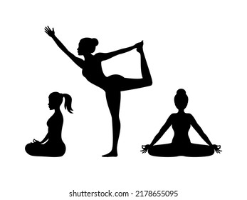 Woman In Yoga Position Icon Set. Women In Yoga Position Black Silhouette Icon Set Isolated On A White Background