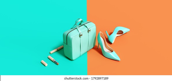 Woman's accessories bag, high heels, lipsticks on blue and orange background. 3d rendering