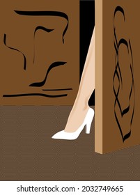 A Woman's Ankle And White High Heel Step Through A Doorway.