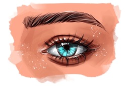 Woman's Eye With Light Blue Pupil. Part Of Female Face. Realistic Illustration For Optics Shop And Ophthalmologist 