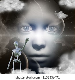 Woman's face in space. Alien. 3D rendering