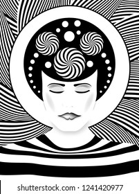 A Woman's Face And Striped Patterns Are Featured In An Op Art Illustration.