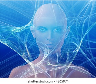 A woman's face, surrounded by information Blue background