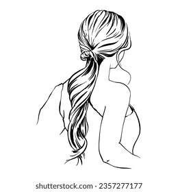 woman's fashion Hairstyle line sketch  trendy wavy Ponytail  Girls Head back view  isolated monochrome line illustration for hairdresser   beauty salon 