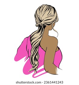 woman's fashion Hairstyle sketch  trendy wavy Ponytail  Girls Head back view  isolated colour illustration for Hairdresser   beauty salon 