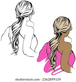 woman's fashion Hairstyle sketch  trendy wavy Ponytail  Girls Head back view set isolated line   colour illustration for Hairdresser   beauty salon 