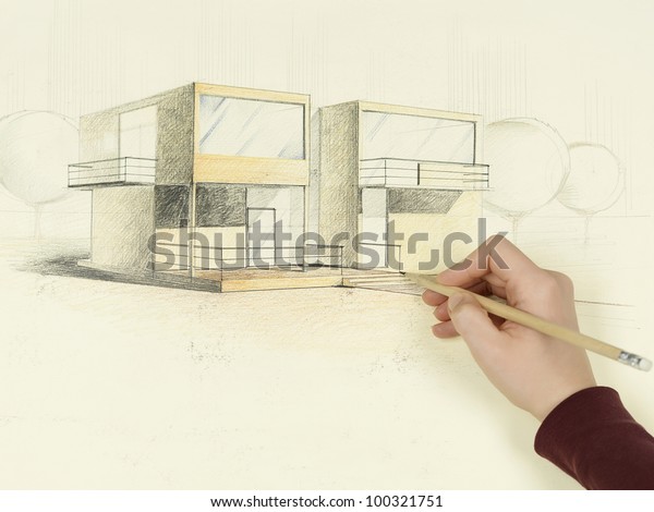 woman's hand drawing architectural perspective of
modern house
