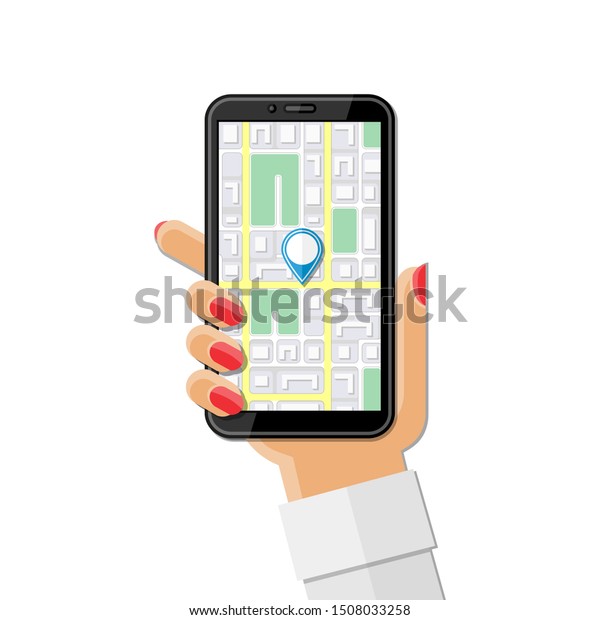 携帯電話を持つ女性の手に携帯地図gpsナビゲーション フラットデザインイラスト のイラスト素材
