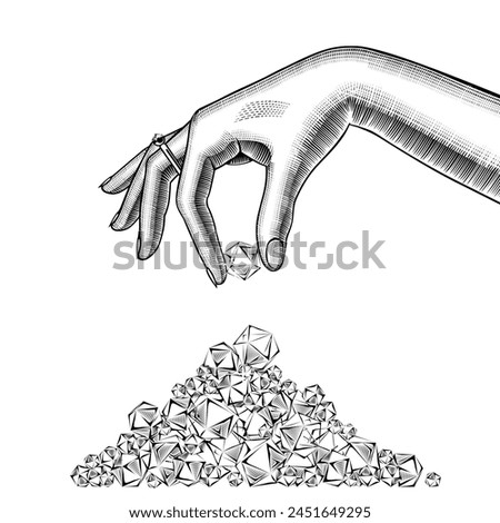 Woman's hand puts a stack of diamonds in a pile. Vintage engraving stylized drawing