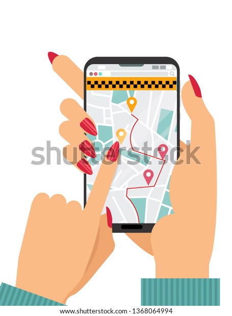 Woman\'s hands holding mobile phone with taxi\
app. City map with route and geolocation signs of taxi cars in\
screen.Taxi service. Hand push touchscreen and choose a car. flat\
cartoon\
illustration