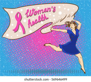 Womans health concept poster in comic pop art style. Woman holds banner with woman health sign. Breast cancer pink ribbon symbol. - Powered by Shutterstock