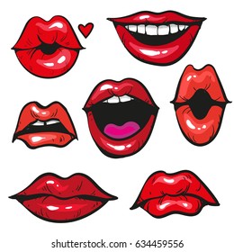 Woman's lip gestures set. Girl mouths close up with red lipstick makeup expressing different emotions
