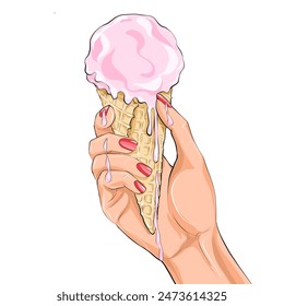 A woman's manicured hand holds a pink strawberry ice cream cone in a waffle cup, which melts and drips down her hand. Illustration. Hand drawn. Flat style.  Isolated on white background. - Powered by Shutterstock