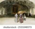 Women Approaching during 1890s by John Singer Sargent. Vintage Women Approaching watercolor art illustration, old John Singer Sargent