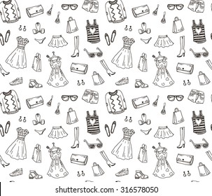 Women clothes and accessories, hand drawn doodle seamless pattern - Powered by Shutterstock