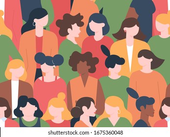 Women Crowd Seamless Pattern. Womens Characters Group Portraits, Female Community With Various Hairstyles. Multicultural Women Portrait Diversity. Businesswoman Faces Silhouette  Illustration