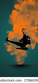 Women Empowerment A Lady Or Woman Doing The Flying Kick Or High Kick. Silhouette Of A Lady Woman. Woman In Action. Orange Green Background With Smoke Effect. A Glance Of Fitness Of A Woman.