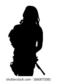 Women Female Soldier, Women Military Standing Up And In Full Equipment And Armament, Automatic Machine Gun In Hand Such As The Special Forces, Marines Army And Ksk, GRU. Isolated Realistic Silhouette