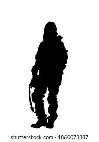 Women Female Soldier, Women Military Standing Up And In Full Equipment And Armament, Automatic Machine Gun In Hand Such As The Special Forces, Marines Army And Ksk, GRU. Isolated Realistic Silhouette