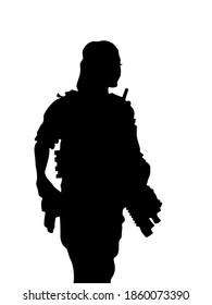 Women Female Soldier, Women Military Standing Up And In Full Equipment And Armament, Automatic Machine Gun In Hand Such As The Special Forces, Marines Army And Ksk, GRU. Isolated Realistic Silhouette