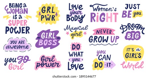 Women feminist quotes. Female motivational slogan, body positive and inspirational hand drawn letterings. Women empowerment  illustrations. Girlish saying as do what you love, girl boss - Powered by Shutterstock