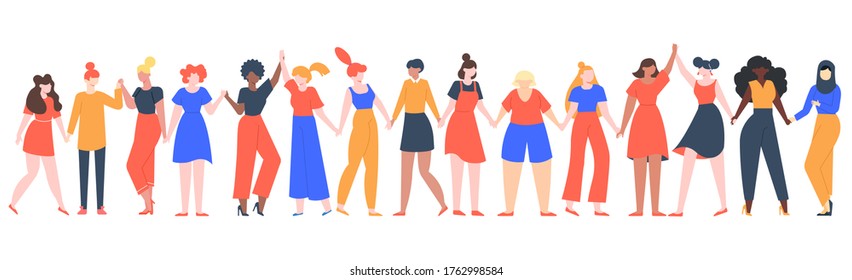 Women friendship group. Diverse female team standing together, holding hands, girls power, multinational sisterhood community  illustration. Friendship group females, friends people diversity