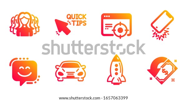 Women group, Quick\
tips and Smile face line icons set. Rocket, Seo targeting and Car\
signs. Smartphone broken, Cashback symbols. Lady service, Helpful\
tricks. Business\
set.