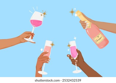 Women hand holding wine glasses and champagne illustration in party celebrate. Party Celebrate illustration blue background. Diverse Women's hand celebrating with wine and champagne on blue background - Powered by Shutterstock