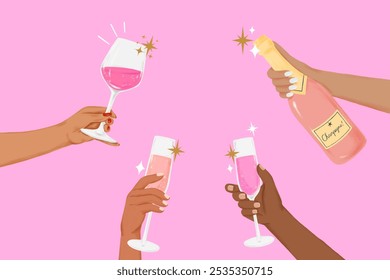 Women hand holding wine glasses and champagne illustration in party celebrate. Party Celebrate illustration pink background. Diverse Women's hand celebrating with wine and champagne on pink background - Powered by Shutterstock