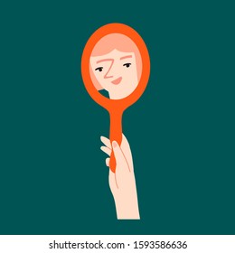 Women Looking In The Mirror And Smiling, Positive Thinking And Self Acceptance Illustration.