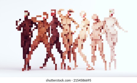 Women Multi Racial Equity Group Strong Pose Sex Gender Equality Abstract Cube Blocks Pixel Voxels With White Background 3d Illustration Render