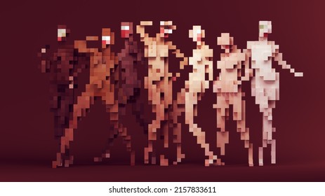 Women Multi Racial Equity Group Strong Pose Sex Gender Equality Abstract Cube Blocks Pixel Voxels With Brown Background 3d Illustration Render