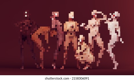 Women Multi Racial Equity Group Fun Pose Sex Gender Equality Abstract Cube Blocks Pixel Voxels With Brown Background 3d Illustration Render