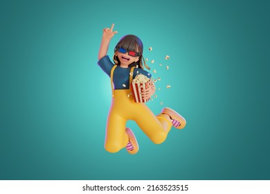 women in a overalls is having fun watching movie and popcorn spill . 3D Render illustration - Powered by Shutterstock