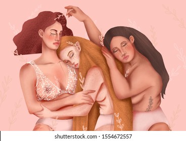 Women portrait on pink background. Group of international girls in underwear. Beauty illustration of body positive, feminism, sisterhood, women’s power, tolerance and equality. Stock illustration.
