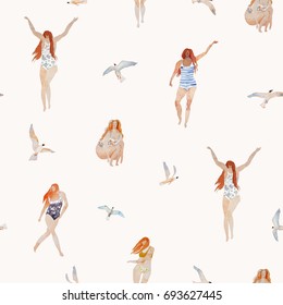 Women running and playing by the sea surrounded by flying gulls seamless pattern. Summer beach illustration in watercolour style.