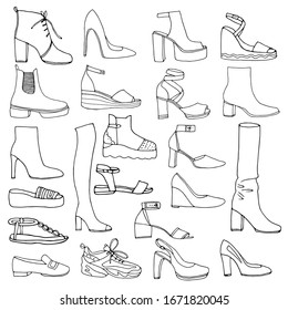 Women shoes collection  Various types female shoes  Black   white hand drawn illustration 